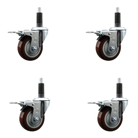 Service Caster 3.5'' SS Maroon Poly Swivel 1'' Expanding Stem Caster Set Total Lock Brake, 4PK SCC-SSEXTTL20S3514-PPUB-MRN-1-4